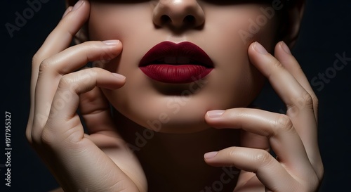 Woman with red lipstick and hands on face model portrait