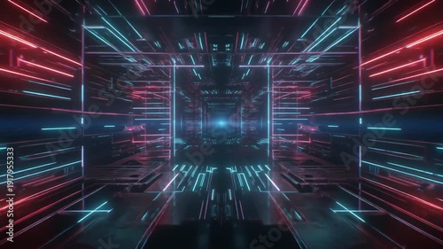 Futuristic neon-lit corridor with red and blue lights, abstract technology background, symmetrical architecture viewed from the center