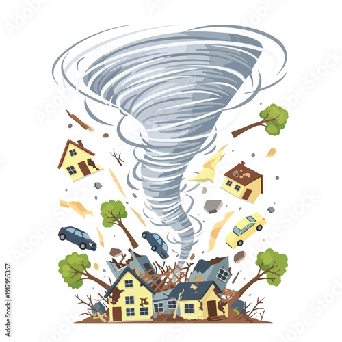 Illustration of a Powerful Tornado Causing Destruction in a Neighborhood