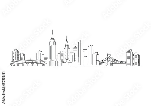 City skyline line drawing with bridge and stadium on waterfront