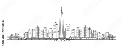 Monochrome city skyline with central tower and flanking bridges