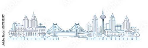 Symmetrical waterfront skyline with central bridge and buildings