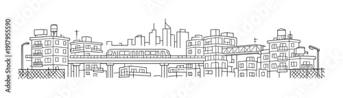 Elevated train passing residential buildings on urban overpass