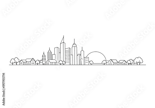 Outlined city skyline with houses and trees on white background
