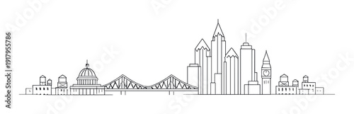 Outlined city skyline with bridge and waterfront structures