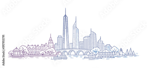 Stylized waterfront skyline with bridge and park elements