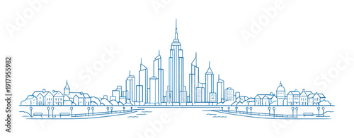 Blue neon city skyline over waterfront promenade with houses