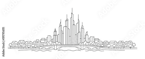 Monochrome city skyline with bridge and riverside houses