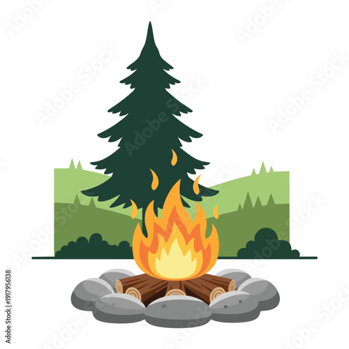 Cozy Campfire in a Natural Forest Setting with Lush Greenery