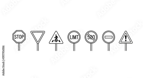 A collection of various traffic and road signs, including stop, yield, pedestrian crossing, speed limit, and warning signs, presented in a simple line art style.