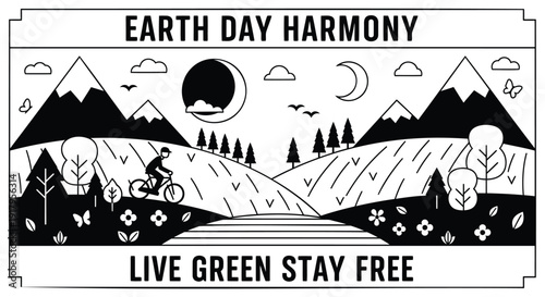 Earth Day harmony vector illustration, promoting eco-friendly living with a cyclist in a natural landscape. Includes mountains, trees, sun, moon, and birds. Created in black and white style 