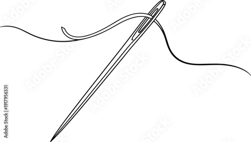 Sewing needle with thread illustration, diagonal design, textile tool artwork, black and white vector graphic, handmade craft concept artwork