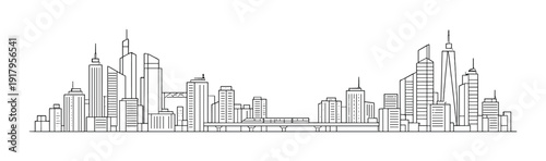 Modern city skyline with high rise towers and bridge on gray