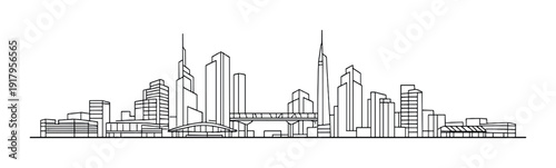 Urban skyline with tall towers and elevated pedestrian bridge