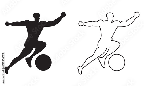 Soccer Player Silhouette Dribbling Ball Vector Icon. Black and outline soccer player silhouettes dribbling a ball, isolated on white background, ideal for sports design and branding projects.

