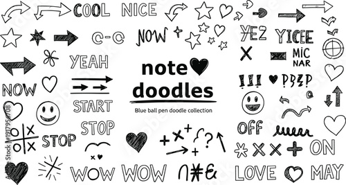 Black hand drawn doodle collection with arrows stars hearts smiley faces and positive words for creative notes cad drawing flat vector illustration