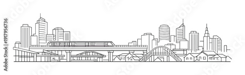 Elevated train traveling on high track above city station and bridge