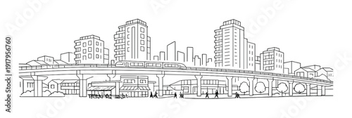 High-rise blocks with train passing on elevated urban roadway