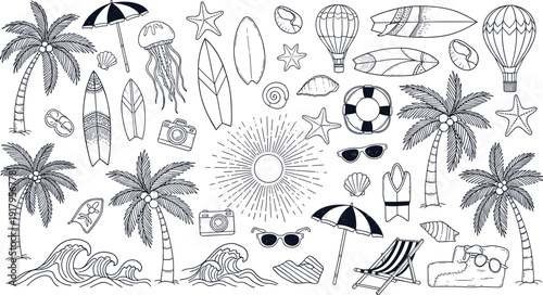 CAD Drawing Flat Vector Illustration of Summer Beach Elements Set with Palm Trees Surfboards Sun Waves Seashells and Vacation Travel Icons