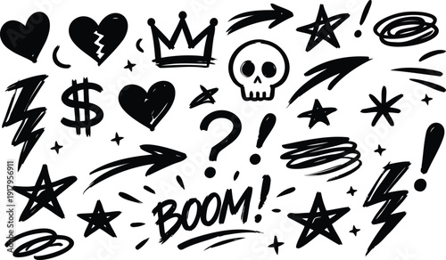 Black graffiti doodle elements set with skull hearts and stars on transparent background