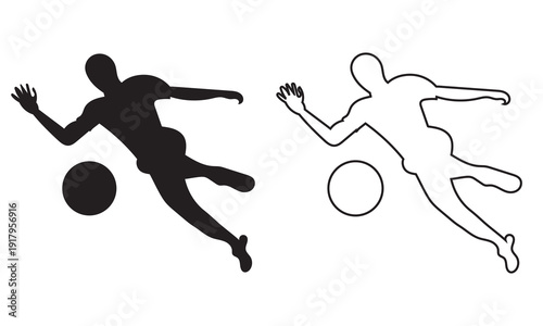 Soccer Player Silhouette Dribbling Ball Vector Icon. Black and outline soccer player silhouettes dribbling a ball, isolated on white background, ideal for sports design and branding projects.

