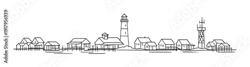 Row of stilt houses and a light house on coastal water