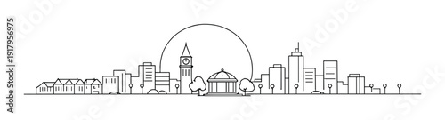 City skyline with clock tower and pavilion along waterfront