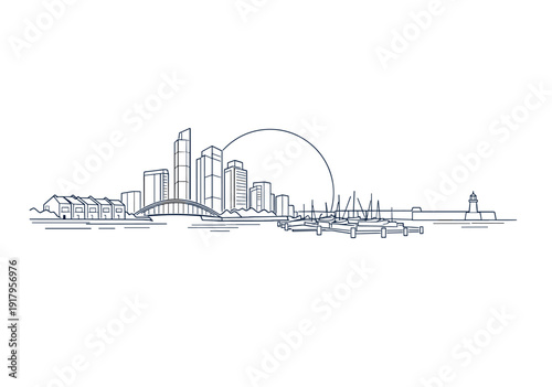 Harbor skyline with marina arched bridge and lighthouse