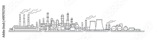 Oil refinery complex with cooling towers and storage tanks