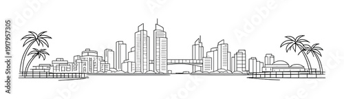 City skyline with twin towers and bridge on waterfront