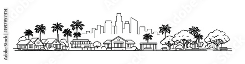 Suburban houses and park with city skyline in background