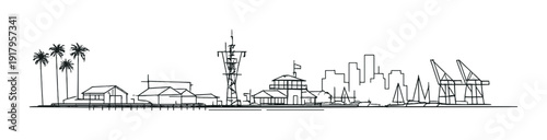 Port scene with cranes boats and pier near city skyline