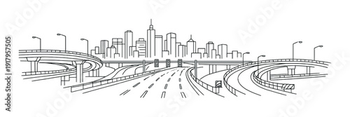 Empty multi lane freeway with overpasses and city skyline