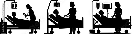Vector silhouette set of hospital scenes with patient in bed, nurse and doctor examining and monitoring vital signs. Healthcare, treatment and medical care concept.