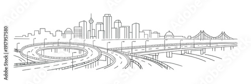 Curved highway ramps and waterfront city skyline with bridge