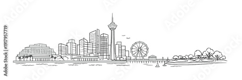 Waterfront city skyline with observation tower and pier