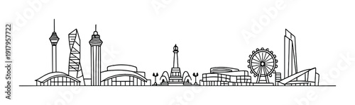 Harbor skyline with observation tower and ferris wheel