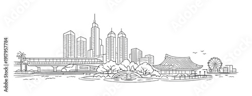 City skyline with pavilion fountain and waterfront ferris wheel