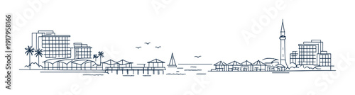 Harbor view with piers and mosque between coastal buildings