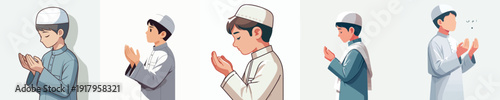 half body vector of a little Muslim boy gesture praying the month of Ramadan side view