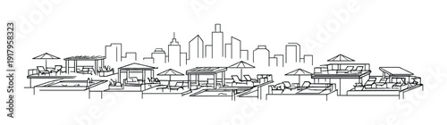 Rooftop terraces with pools, lounge seating and city skyline