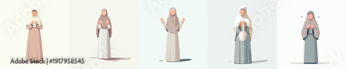 vector of a Muslim woman standing gesture praying the month of Ramadan front view