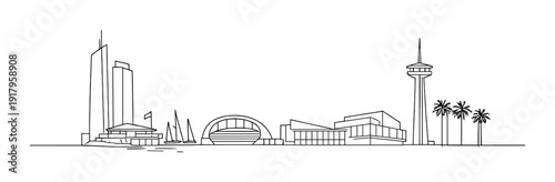 Harbor skyline with twin towers, boats and observation tower