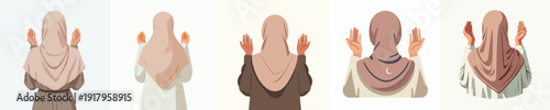 half body vector of a Muslim woman standing gesture praying the month of Ramadan back view