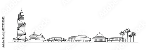 City skyline with cruise ship, bridge and waterfront buildings