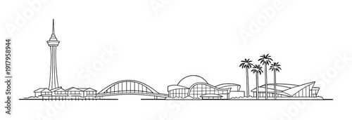 Coastal skyline with observation tower, bridge and domes