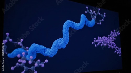 This 3D animation illustrates molecular interaction, showing purple molecules dynamically approaching and binding to a large, textured blue helical structure in a cellular environment.