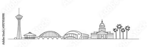 City skyline with observation tower, domed civic building and palms