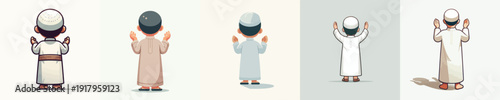 vector of a little Muslim boy standing gesture praying the month of Ramadan back view