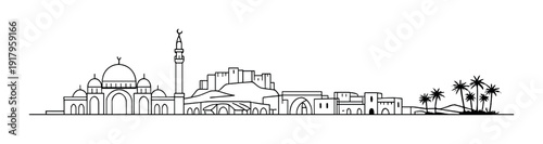 City skyline line drawing with mosque and palm trees coastline